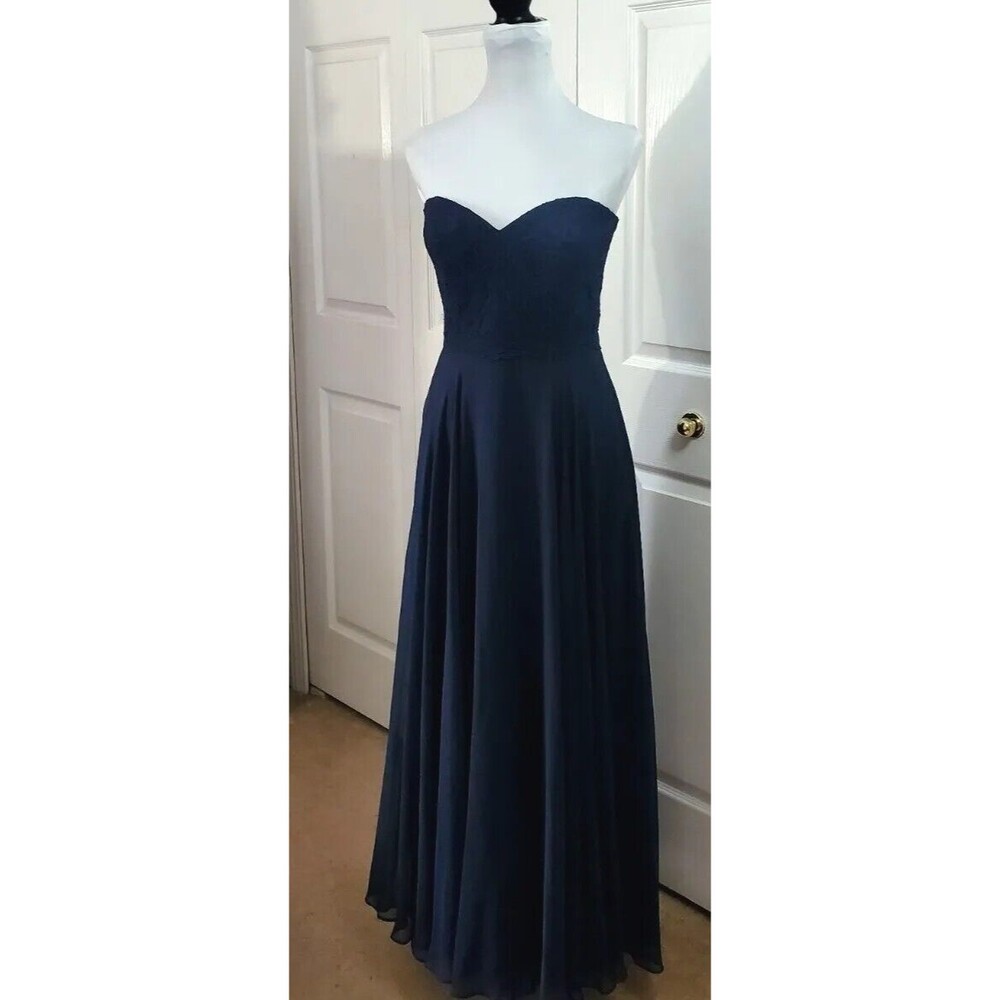 Dessy  Group Women's Strapless Dress Blue Lace Flowy Maxi Gown Measures Small
